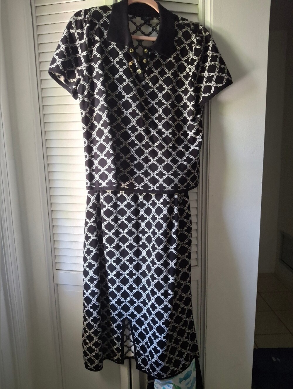 Talbots Black and White Geometric Polo Midi Skirt Set